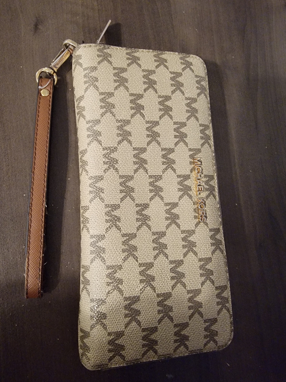 Michael Kors Beige Brown Signature Zip Wristlet